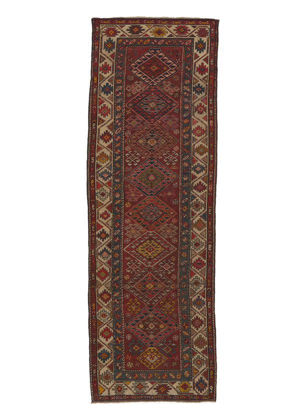 28895 Caucasian Rug Azerbaijan Handmade Runner Antique Tribal 3'5'' x 10'2'' -3x10- Red Multi-color Geometric Design