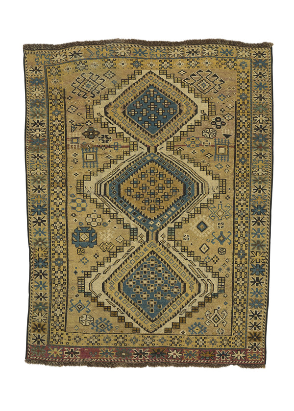 28918 Caucasian Rug Shirvan Handmade Area Antique Tribal 3'3'' x 4'2'' -3x4- Yellow Gold Geometric Design