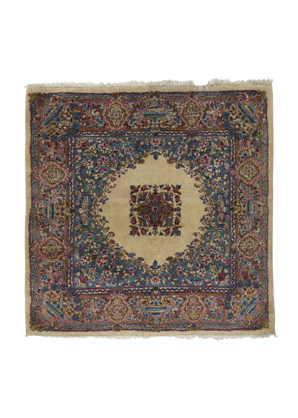 30147 Persian Rug Kerman Handmade Square Traditional 3'0'' x 3'0'' -3x3- Pink Whites Beige Blue Floral Open Field Design