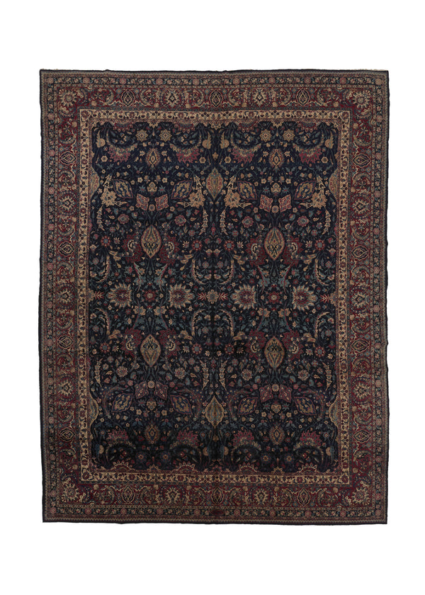 30279 Persian Rug Lavar Kerman Handmade Area Antique Traditional 11'4'' x 15'2'' -11x15- Blue Floral Design