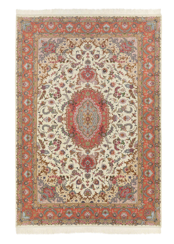 30423 Persian Rug Tabriz Handmade Area Traditional 6'7'' x 9'9'' -7x10- Whites Beige Orange Naghsh Floral Design