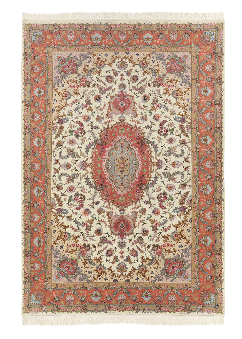 30423 Persian Rug Tabriz Handmade Area Traditional 6'7'' x 9'9'' -7x10- Whites Beige Orange Naghsh Floral Design