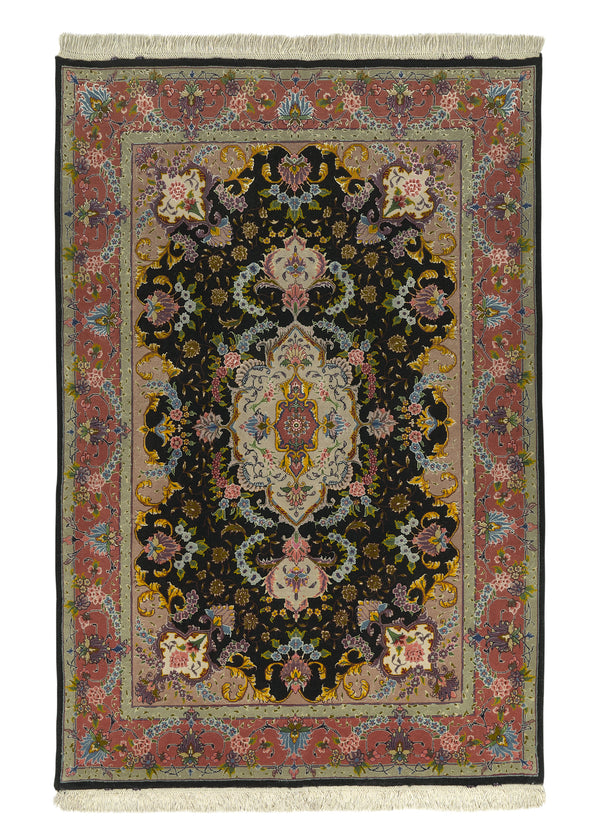 30433 Persian Rug Tabriz Handmade Area Traditional 3'3'' x 4'10'' -3x5- Black Pink Floral Naghsh Design