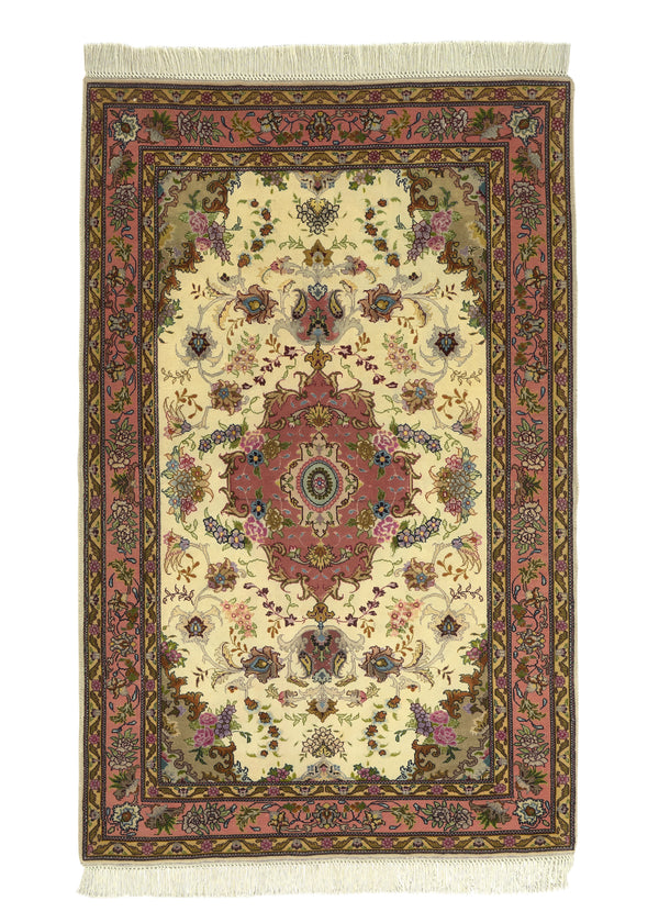 30441 Persian Rug Tabriz Handmade Area Traditional 3'2'' x 5'0'' -3x5- Pink Whites Beige Floral Naghsh Design