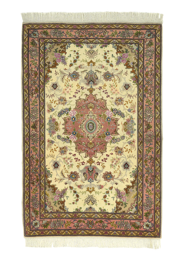 30442 Persian Rug Tabriz Handmade Area Traditional 3'2'' x 5'0'' -3x5- Pink Whites Beige Floral Naghsh Design