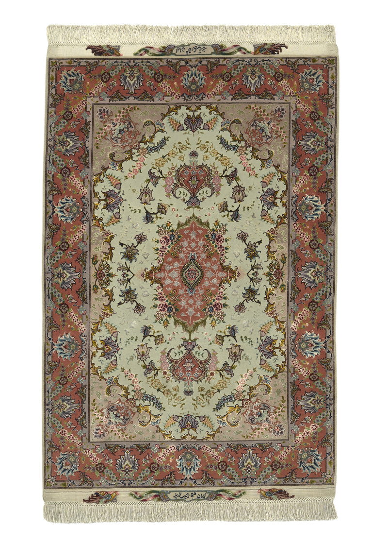 30443 Persian Rug Tabriz Handmade Area Traditional 3'3'' x 4'9'' -3x5- Pink Whites Beige Floral Naghsh Design