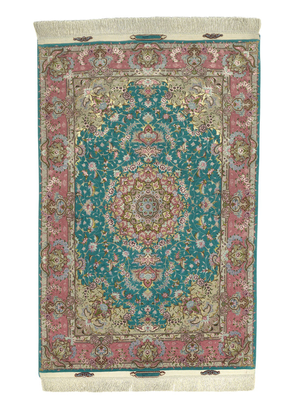 30489 Persian Rug Tabriz Handmade Area Traditional 3'4'' x 4'10'' -3x5- Green Pink Floral Naghsh Design