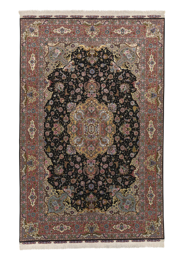 30522 Persian Rug Tabriz Handmade Area Traditional 6'6'' x 10'0'' -7x10- Black Pink Naghsh Floral Design