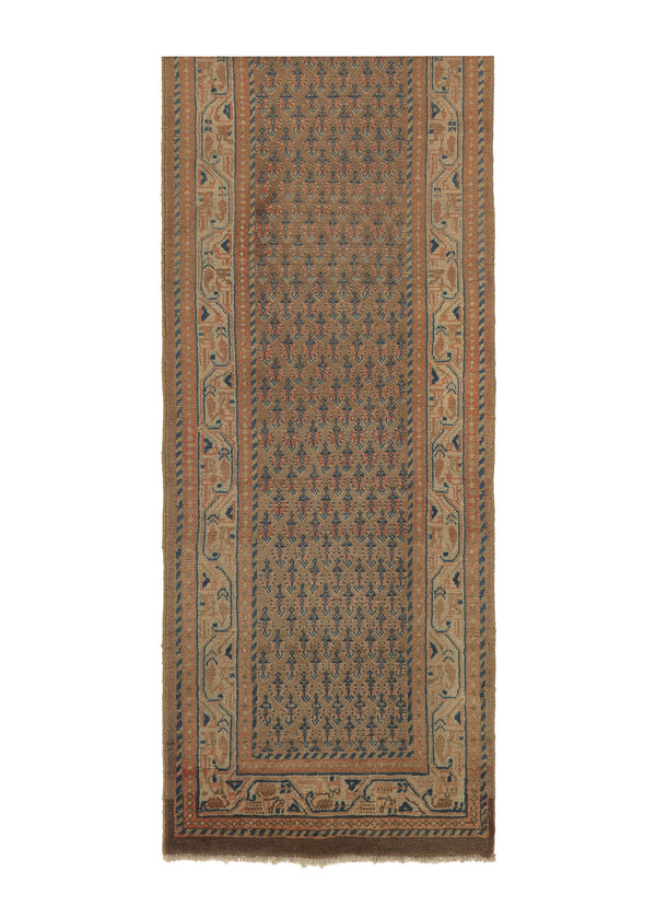 30651 Persian Rug Sarouk Handmade Runner Vintage Neutral 2'6'' x 13'5'' -3x13- Brown Orange Paisley Boteh Design