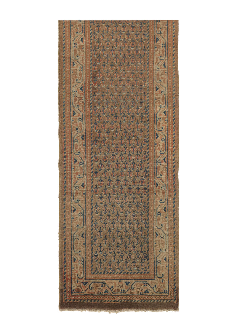 30651 Persian Rug Sarouk Handmade Runner Vintage Neutral 2'6'' x 13'5'' -3x13- Brown Orange Paisley Boteh Design