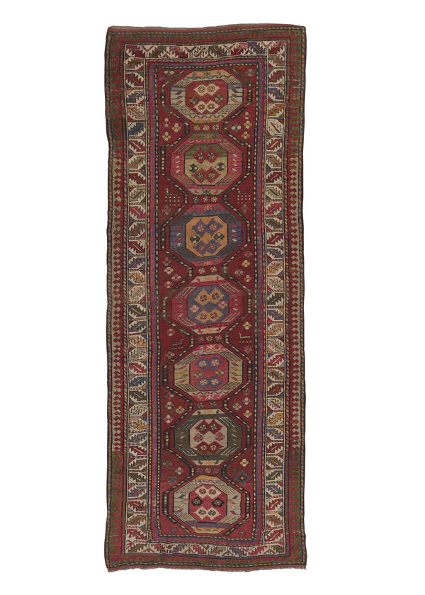 30676 Caucasian Rug Azerbaijan Handmade Area Runner Tribal 4'0'' x 10'7'' -4x11- Red Geometric Design
