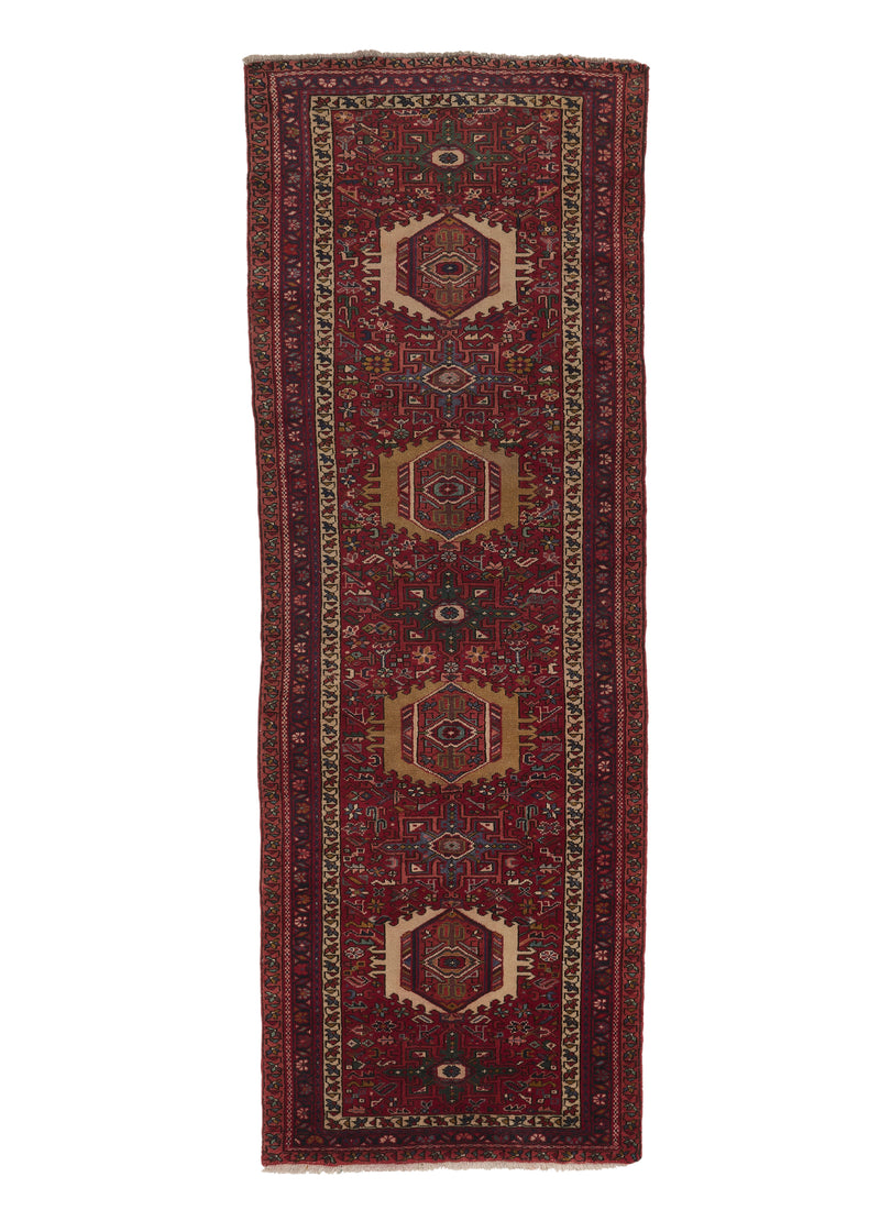 30684 Persian Rug Heriz Handmade Runner Tribal Vintage 3'4'' x 9'6'' -3x10- Red Geometric Design