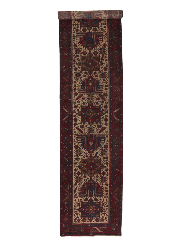 30722 Persian Rug Gharajeh Handmade Runner Tribal Vintage 3'3'' x 13'9'' -3x14- Red Whites Beige Geometric Design