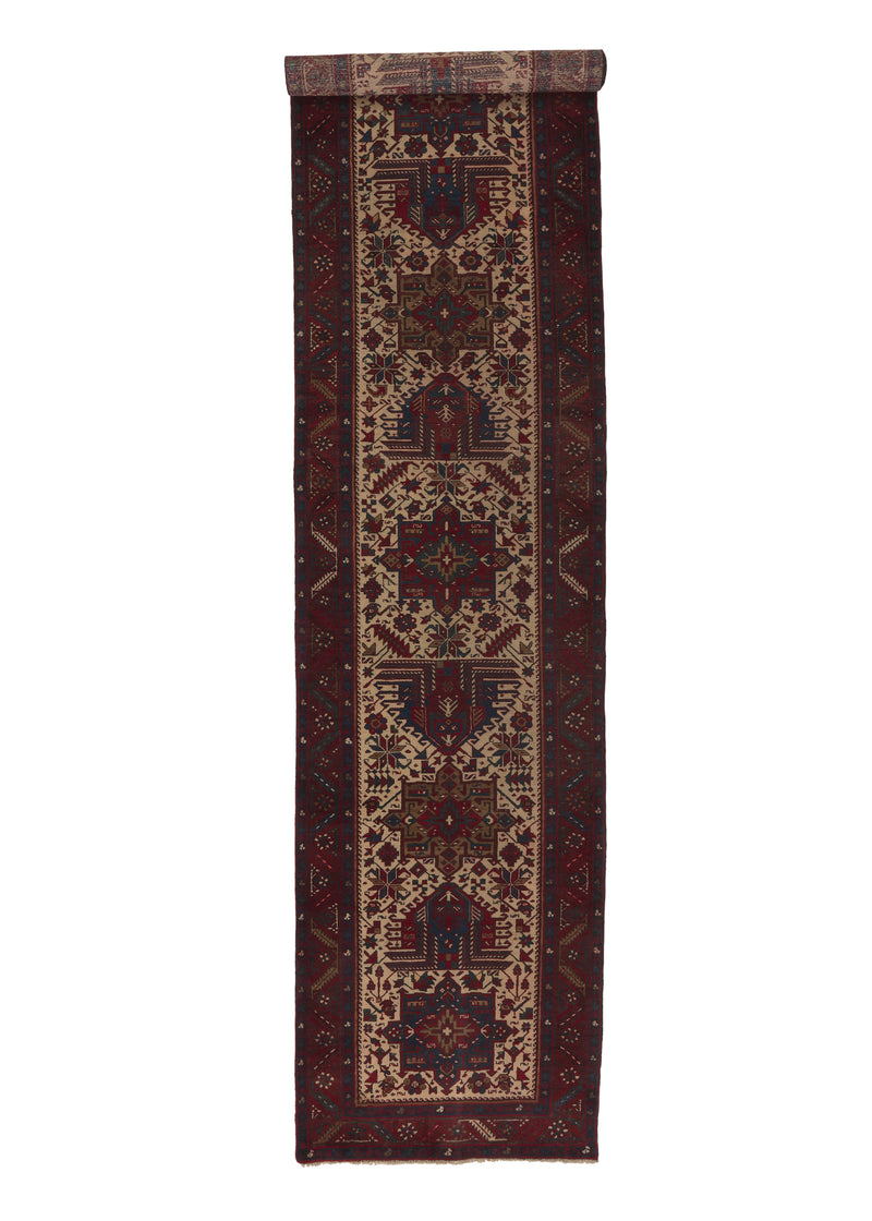 30722 Persian Rug Gharajeh Handmade Runner Tribal Vintage 3'3'' x 13'9'' -3x14- Red Whites Beige Geometric Design