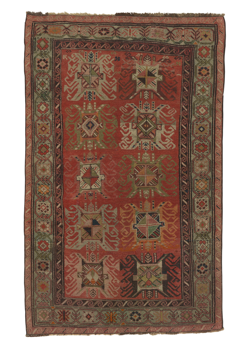 30738 Caucasian Rug Azerbaijan Handmade Area Runner Antique Tribal 3'7'' x 6'0'' -4x6- Orange Geometric Design