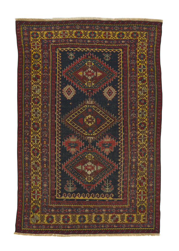 30741 Persian Rug Ghashghaei Handmade Area Antique Tribal 3'8'' x 5'7'' -4x6- Yellow Gold Red Blue Geometric Design