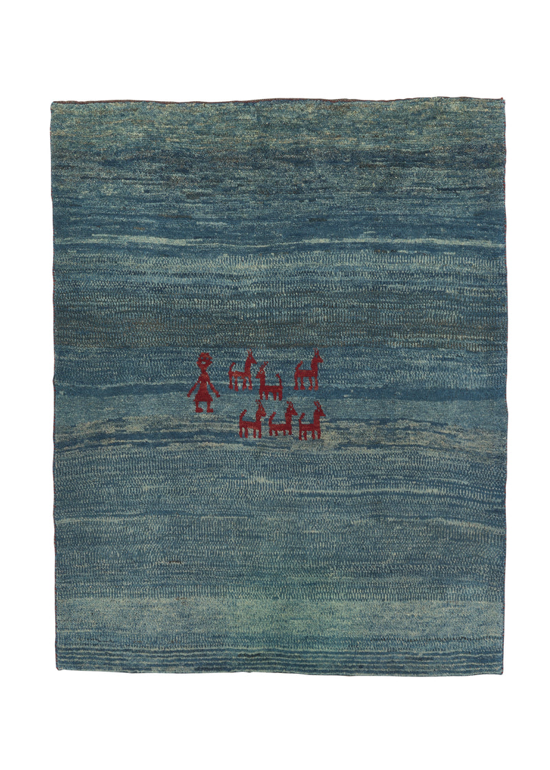 30784 Persian Rug Gabbeh Handmade Area Tribal 4'0'' x 5'2'' -4x5- Blue Open Pictorial Design