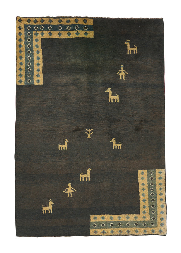 30809 Persian Rug Gabbeh Handmade Area Tribal 3'11'' x 5'9'' -4x6- Brown Yellow Gold Animals Design