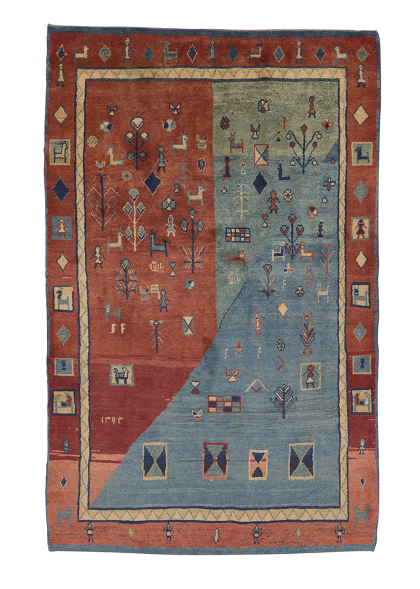 30853 Persian Rug Gabbeh Handmade Area Tribal 5'0'' x 8'3'' -5x8- Red Blue Pictorial Design