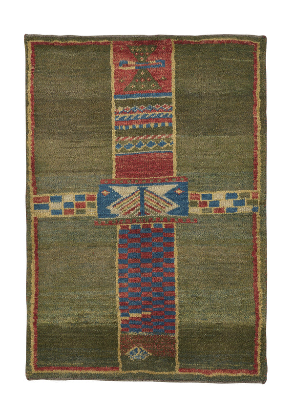 30970 Persian Rug Gabbeh Handmade Area Tribal 3'7'' x 4'7'' -4x5- Green Abstract Design