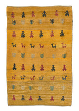 30976 Persian Rug Gabbeh Handmade Area Tribal 3'5'' x 5'1'' -3x5- Yellow Gold Pictorial Design