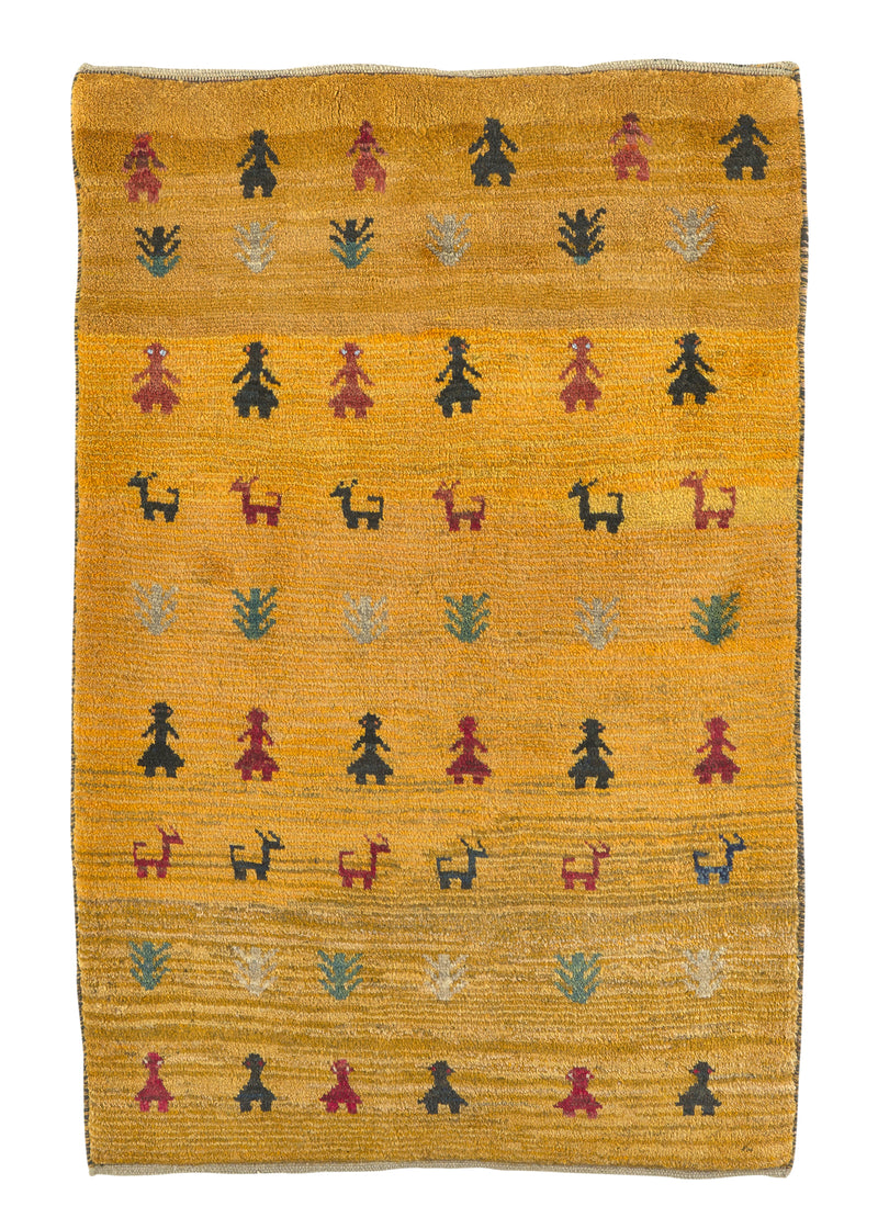 30976 Persian Rug Gabbeh Handmade Area Tribal 3'5'' x 5'1'' -3x5- Yellow Gold Pictorial Design