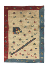 30979 Persian Rug Gabbeh Handmade Area Tribal 3'6'' x 4'10'' -4x5- Whites Beige Pictorial Design