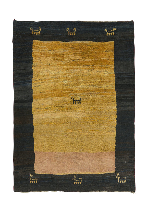 31001 Persian Rug Gabbeh Handmade Area Tribal 3'8'' x 5'0'' -4x5- Yellow Gold Black Open Design