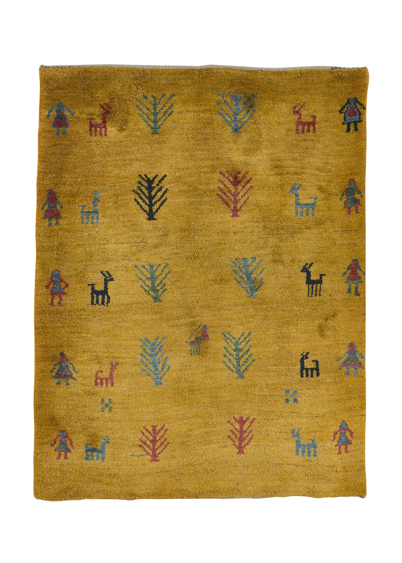 31002 Persian Rug Gabbeh Handmade Area Tribal 3'11'' x 4'11'' -4x5- Yellow Gold Abstract Design