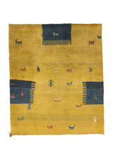 31005 Persian Rug Gabbeh Handmade Area Square Tribal 3'11'' x 4'9'' -4x5- Yellow Gold Pictorial Design
