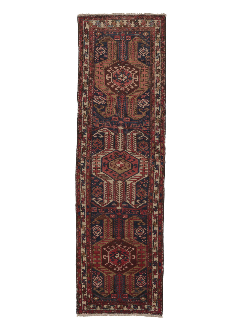 31015 Persian Rug Azerbaijan Handmade Runner Tribal 3'3'' x 10'10'' -3x11- Red Blue Geometric Design