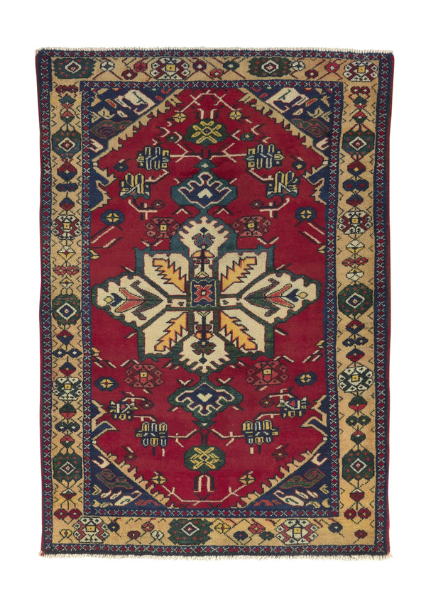 31019 Persian Rug Bakhtiari Handmade Area Tribal Traditional 3'3'' x 4'10'' -3x5- Red Yellow Gold Geometric Heriz Design