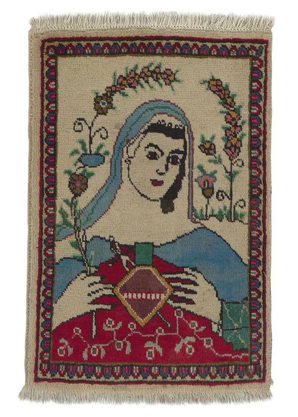 31026 Persian Rug Tabriz Handmade Area Antique Traditional 1'8'' x 2'6'' -2x3- Whites Beige Pictorial Design