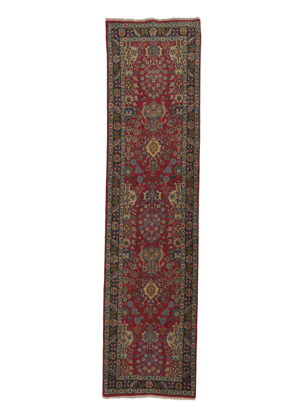 31045 Persian Rug Tabriz Handmade Runner Traditional 3'1'' x 12'8'' -3x13- Red Green Vase Floral Design