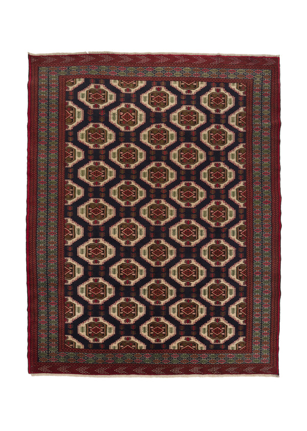 31082 Persian Rug Turkmen Handmade Area Tribal 8'8'' x 10'10'' -9x11- Blue Red Bokhara Elephant Foot Design