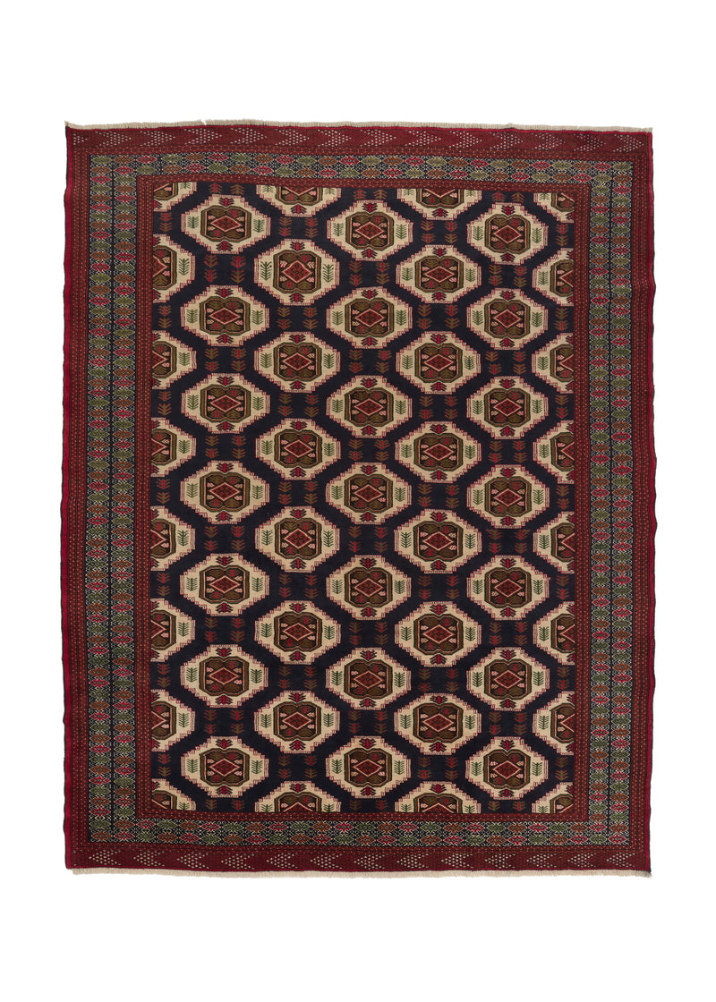31082 Persian Rug Turkmen Handmade Area Tribal 8'8'' x 10'10'' -9x11- Blue Red Bokhara Elephant Foot Design
