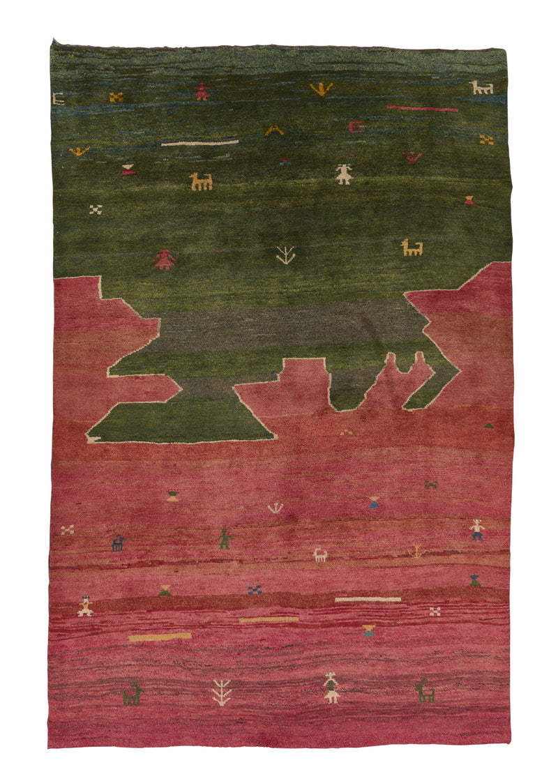31129 Persian Rug Gabbeh Handmade Area Tribal 5'8'' x 8'6'' -6x9- Pink Green Open Pictorial Design