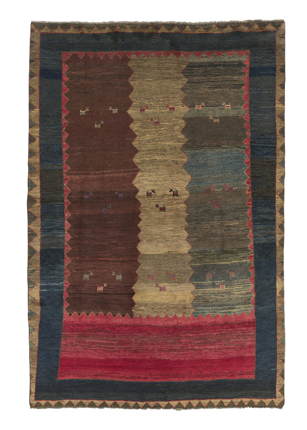 31159 Persian Rug Gabbeh Handmade Area Tribal 6'3'' x 9'6'' -6x10- Multi-color Brown Pictorial Design