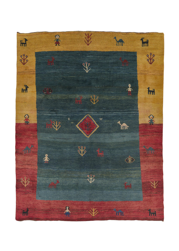 31166 Persian Rug Gabbeh Handmade Area Tribal 6'4'' x 8'1'' -6x8- Blue Multi-color Pictorial Design