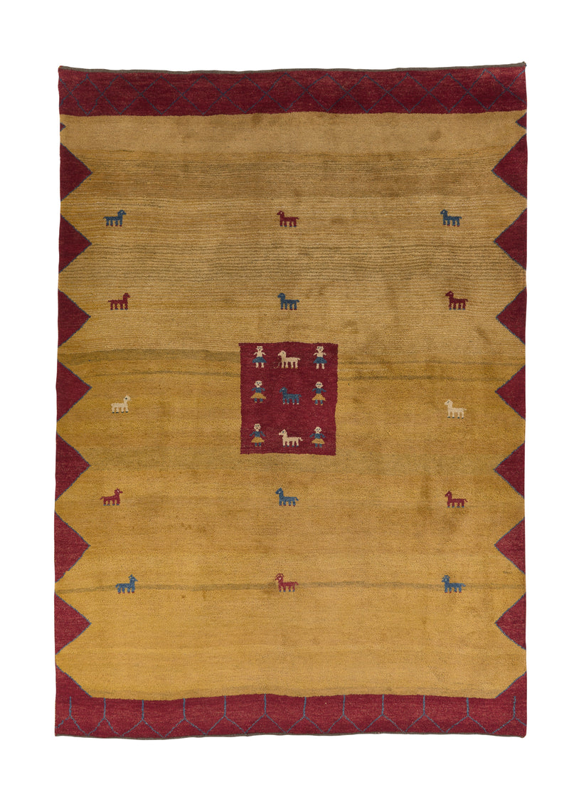 31225 Persian Rug Gabbeh Handmade Area Tribal 6'6'' x 9'2'' -7x9- Yellow Gold Pictorial Design