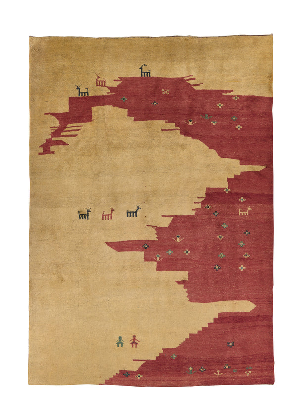 31227 Persian Rug Gabbeh Handmade Area Tribal 6'6'' x 9'2'' -7x9- Yellow Gold Red Pictorial Design