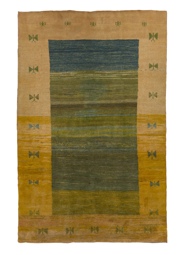 31240 Persian Rug Gabbeh Handmade Area Tribal 6'4'' x 10'6'' -6x11- Yellow Gold Open Pictorial Design