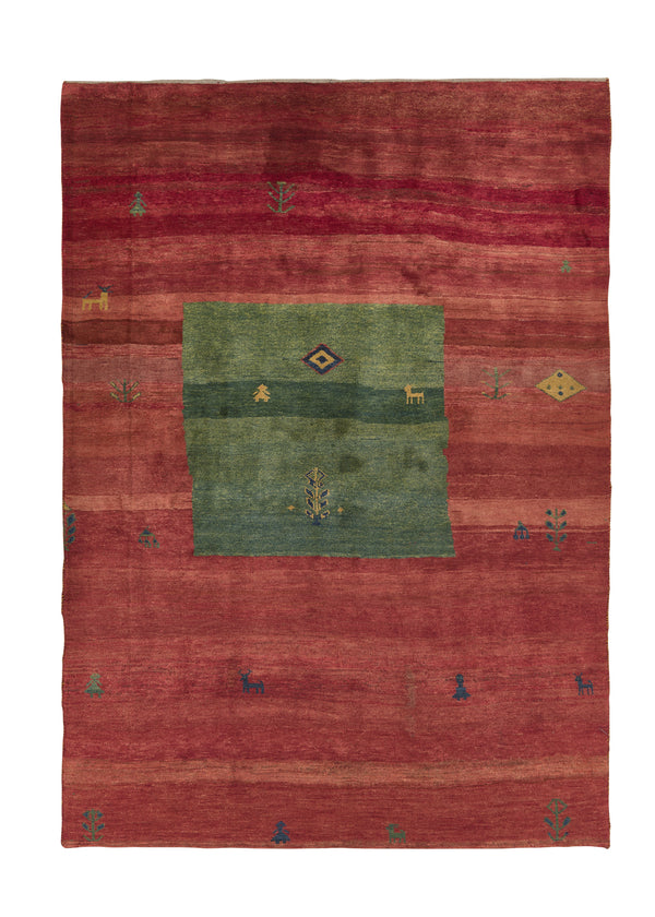 31248 Persian Rug Gabbeh Handmade Area Tribal 6'7'' x 9'4'' -7x9- Red Green Pictorial Design