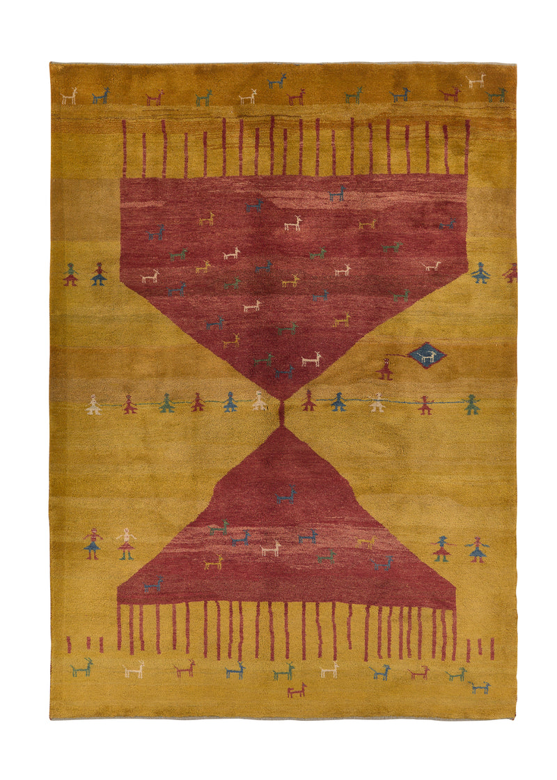31252 Persian Rug Gabbeh Handmade Area Tribal 6'8'' x 9'4'' -7x9- Red Yellow Gold Pictorial Design