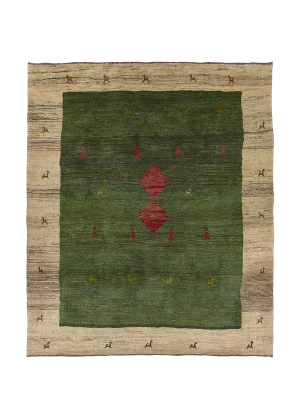 31260 Persian Rug Gabbeh Handmade Area Tribal 6'11'' x 8'2'' -7x8- Green Whites Beige Pictorial Design