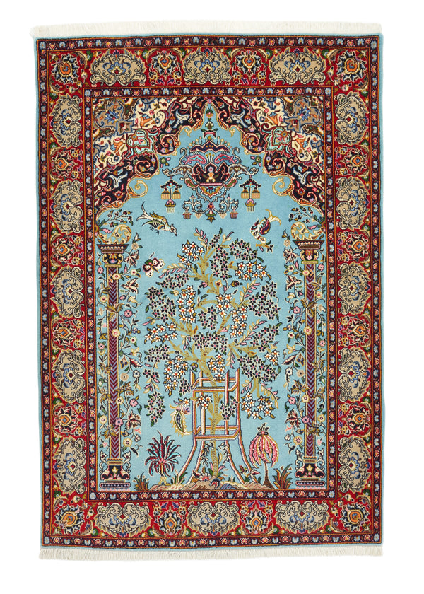 31485 Persian Rug Kashan Handmade Area Traditional 3'8'' x 5'5'' -4x5- Blue Prayer Rug Animals Tree of Life Design