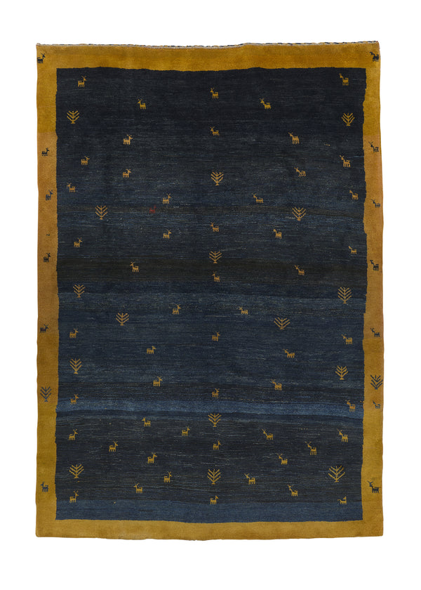 31493 Persian Rug Gabbeh Handmade Area Tribal 6'10'' x 9'9'' -7x10- Blue Yellow Gold Pictorial Design