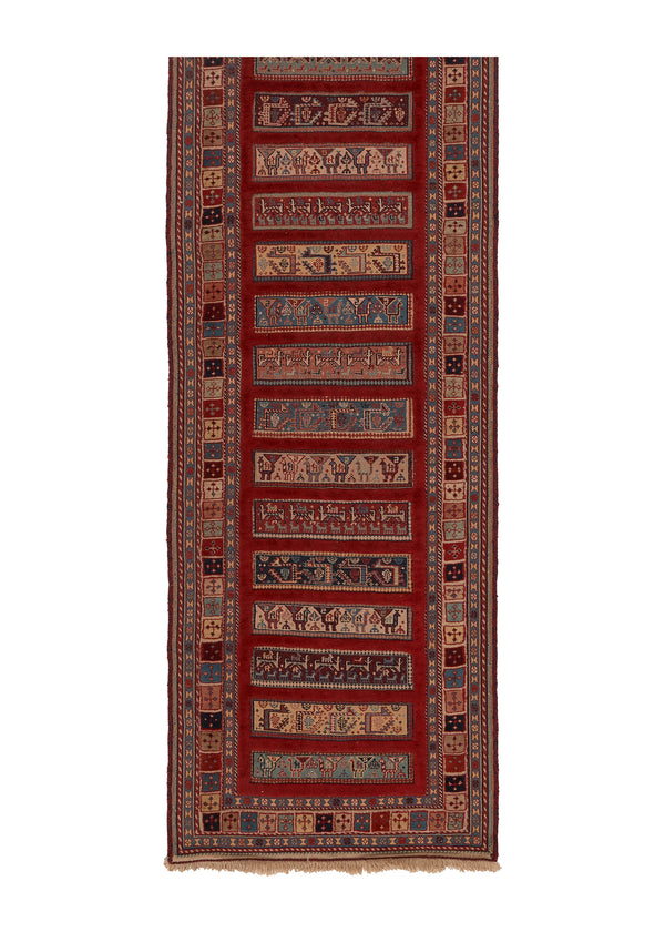 31520 Caucasian Rug Azerbaijan Handmade Runner Tribal 2'10'' x 9'7'' -3x10- Red Kilim Animals Geometric Panel Design