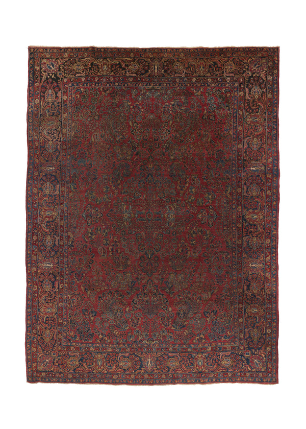 31524 Persian Rug Sarouk Handmade Area Antique Traditional 8'11'' x 12'1'' -9x12- Red Blue Floral Design
