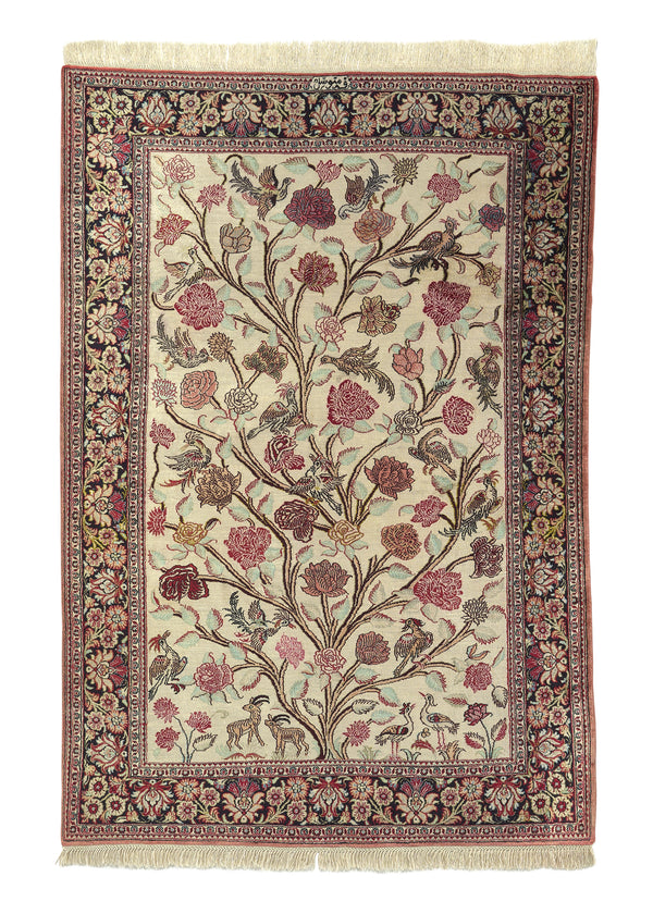 31622 Persian Rug Qum Handmade Area Traditional Traditional 3'5'' x 5'0'' -3x5- Whites Beige Pink Tree of Life Animals Design